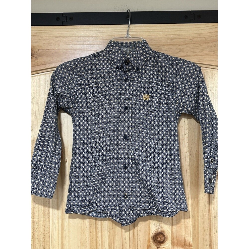 Cinch Boys Long Sleeve Shirt Button Up Navy Blue Yellow Size XS 4-5 Medallion